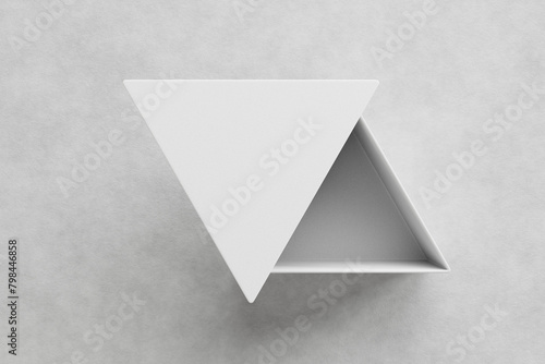 Open triangle box mockup, Unique triangle rid box, empty luxury paper packaging illustration, blank triangle jewelry drawer, realistic 3D render of open box illustration, triangle box design template
