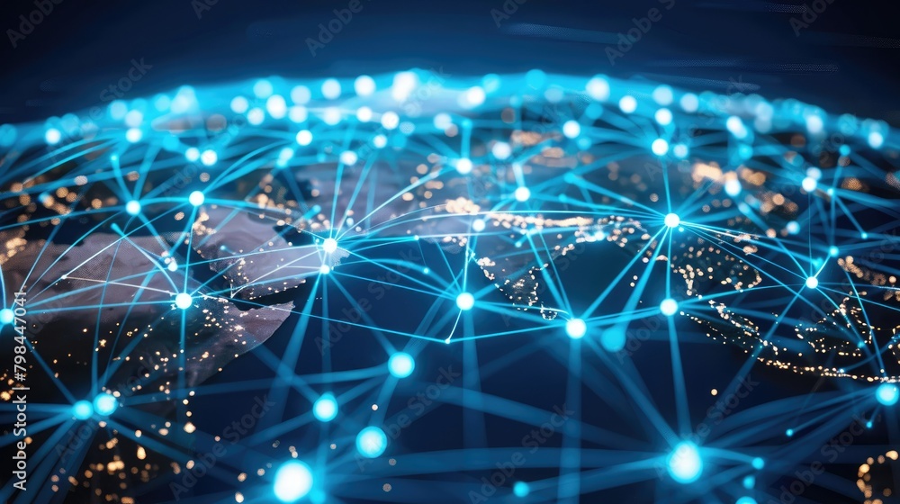 A blue and white image of a globe with many lines connecting it A blue and white image of a globe with many lines connecting it