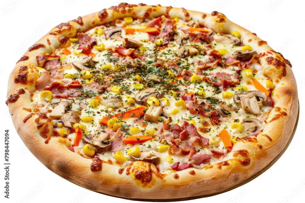 Stretched cheese carbonara pizza, topped with bacon, mushrooms, carrots, corn, sprinkled with oregano. isolated on white background.