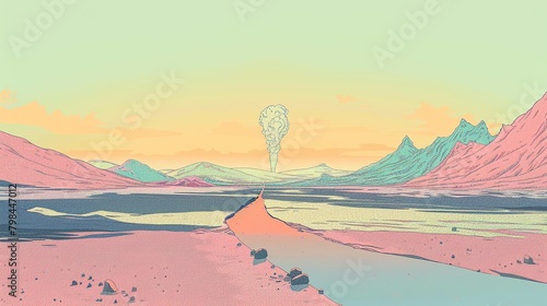 An illustration of a calm, pastel-colored landscape with a single line denoting a volcanic burst