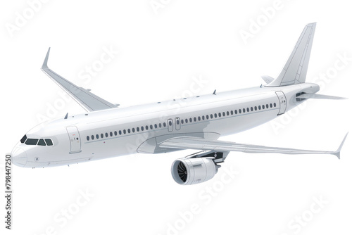 White passenger plane flying in the sky with dramatic clouds in the background, isolated on white background.