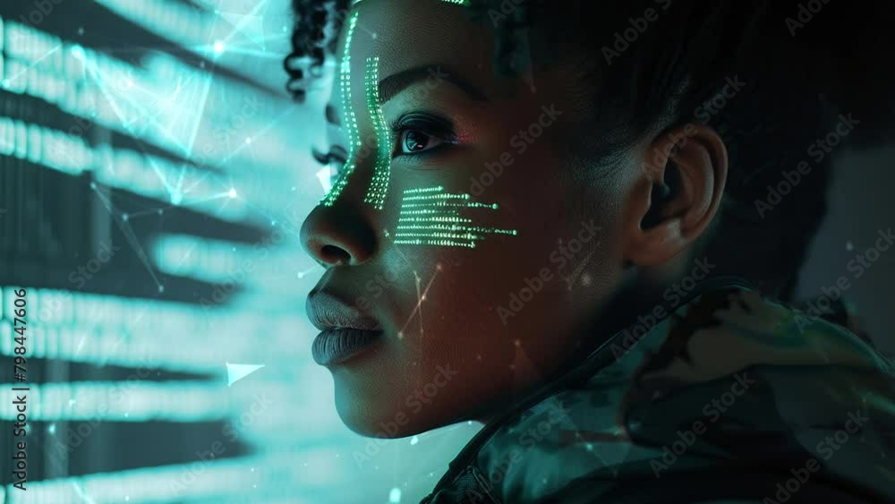 Black woman cyber security expert. With AI code illusminated overlay ...