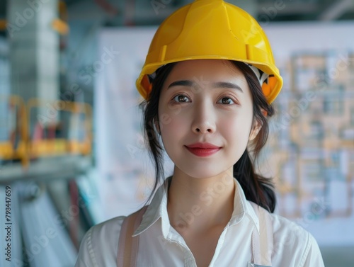 A female technician wearing a yellow safety helmet