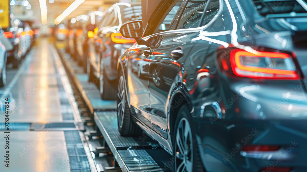 Obraz premium Mass Production Process, Assembly Line of Contemporary Cars in Factory
