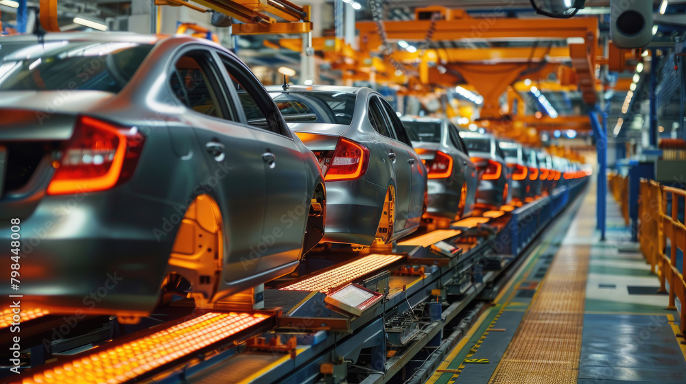 Mass Production Process, Assembly Line of Contemporary Cars in Factory