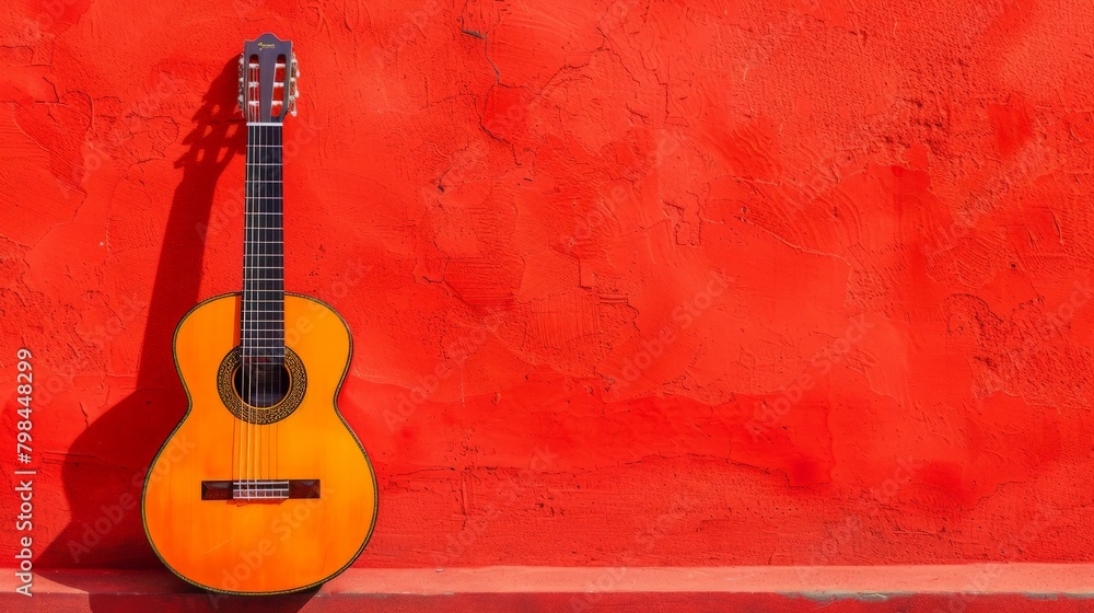 A traditional Mexican guitar against a plain backdrop.