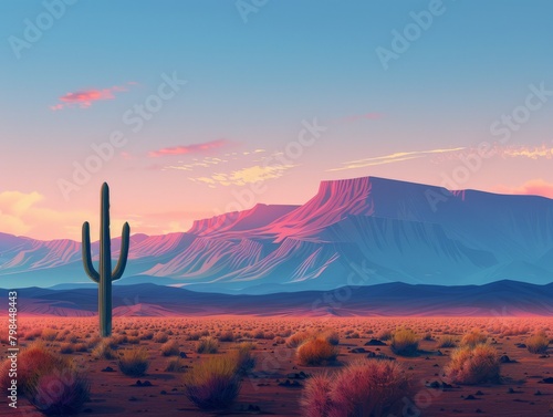 Mexico landscape with a solitary cactus against a vast desert backdrop.