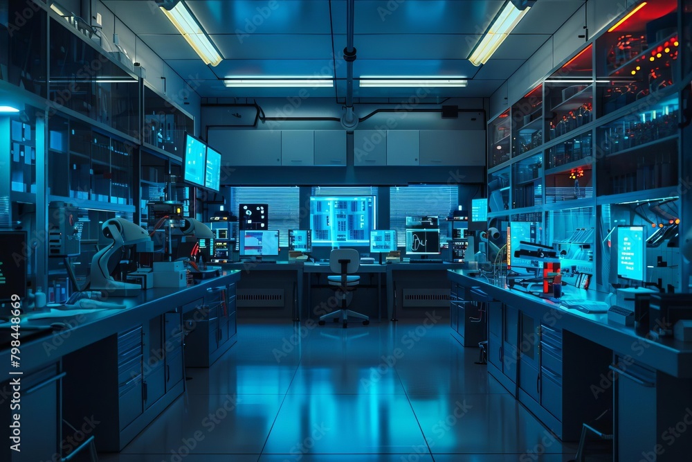 A laboratory with blue lights and a lot of computers and lab equipment A laboratory with blue lights and a lot of computers and lab equipment