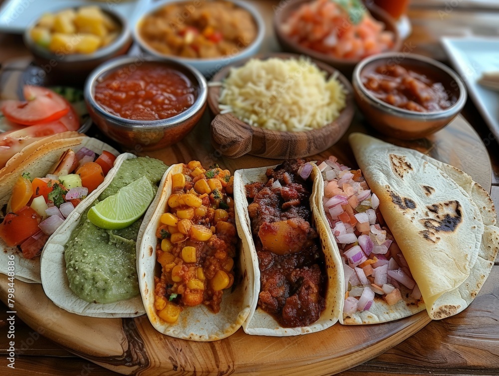Close-up of traditional Mexican food items arranged artfully on a simple wooden table.