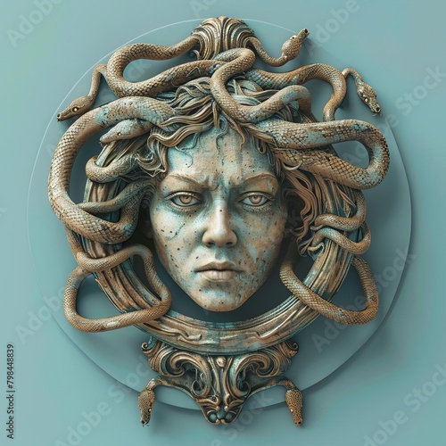 A highly detailed 3D rendering of Medusa, made of bronze, with snakes for hair, in the style of Bernini