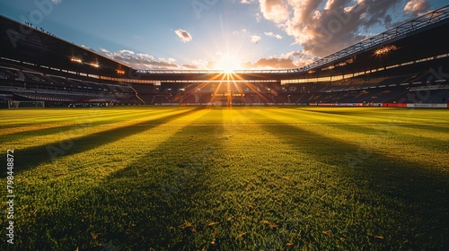 The photo shows a soccer field with the sun rising above the stadium. photo