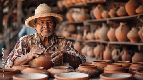 A Mexican artisan crafting pottery in a workshop.