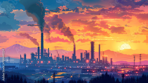 Close up industrial view at oil refinery plant with sunrise and cloudy sky. photo