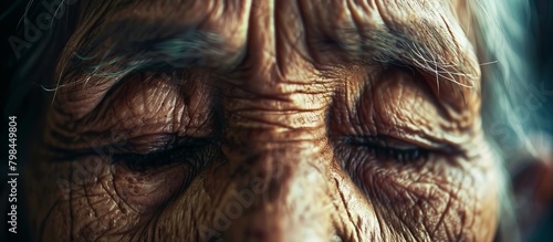 Elderly lady showing signs of aging with deep creases and prominent wrinkles on her facial skin photo