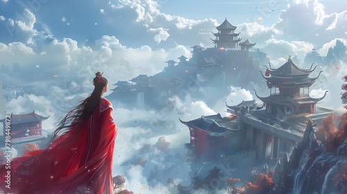 Detailed Chinese style fantasy art illustration depicting ancient architecture, mythical creatures, and colorful landscape. © ELmidoi-AI
