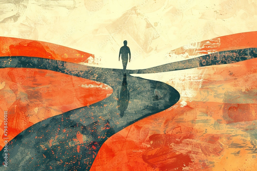 An illustration of a figure walking on a path that splits into multiple directions, symbolizing life choices and aspirations