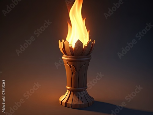 An illustration of a fire in a wooden torch. 3D medieval flame light.
