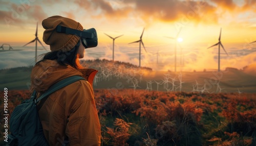 The image shows a man standing in a field of wind turbines. He is wearing a virtual reality headset and looking at the turbines. The sun is setting in the background. © Seksan