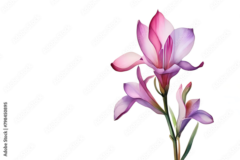 Watercolor painting of a single pink and purple flower with soft petals blooming on a white background.