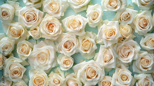 Gorgeous cream roses are elegantly arranged against a backdrop of refreshing neo mint green creating a stunning floral composition with a frame like border This top view shot offers ample s