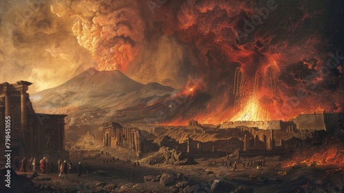 Catastrophic volcanic eruption at Mount Vesuvius with fast-moving pyroclastic flow heading towards Naples