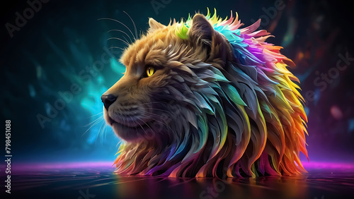 lion in the night Neon Mainecoon Lion Rainbow Fractal in 3D Vector 