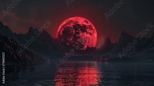 A blood red moon hangs low in the sky over a dark mountain range and body of water, casting a red glow on the landscape.