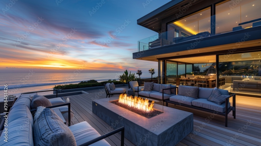 Fototapeta premium The expansive outdoor deck is the perfect place to gather around the sleek firepit roasting marshmallows and taking in the ocean breeze. 2d flat cartoon.