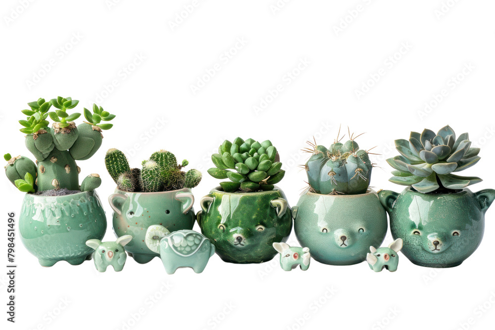 A whimsical arrangement of succulents and cacti in quirky animal-shaped planters. ,Isolated on white background A whimsical arrangement of succulents and cacti in quirky animal-shaped planters. ,Isolated on white background