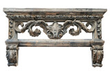 A weathered reclaimed wood frame adorned with intricate carvings, showcasing the artistic potential and historical significance of salvaged wood, isolated on a white background