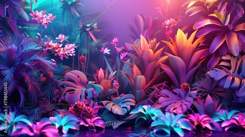 An illustration of a neon 3D abstract garden  with flowers and plants in vibrant  glowing colors