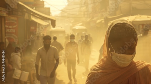 Dusty City Street in India During Drought: People in Masks, Scarce Water Vendors photo