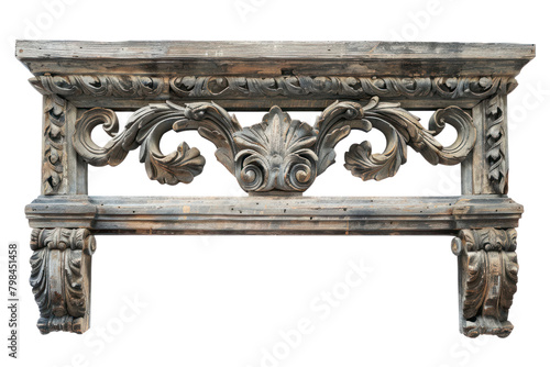 A weathered reclaimed wood frame adorned with intricate carvings, showcasing the artistic potential and historical significance of salvaged wood, isolated on a white background