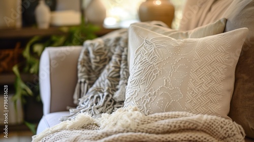 A cozy throw pillow with subtle leaf impressions tered across the fabric adding texture and interest.. photo