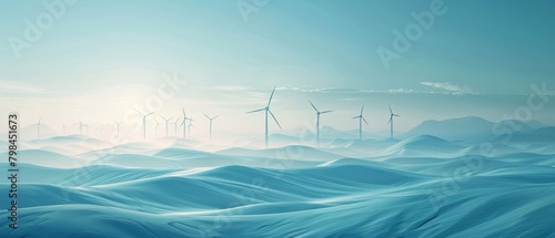 The image shows a beautiful seascape with a few wind turbines in the distance. The water is a deep blue color and the sky is light blue with hazy clouds.