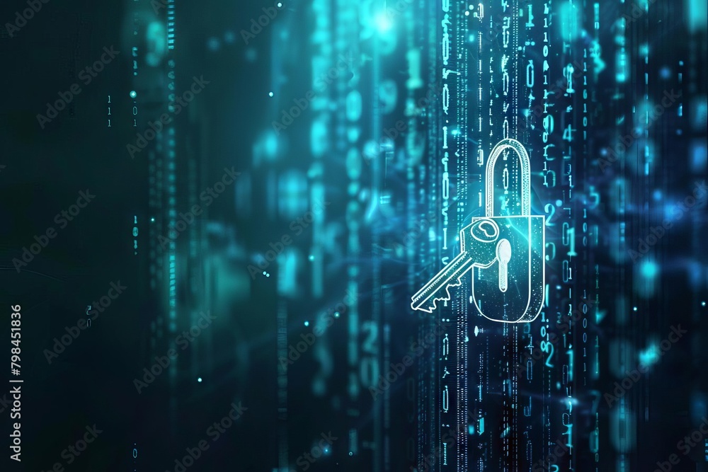 secure padlock and key on digital background cybersecurity concept illustration