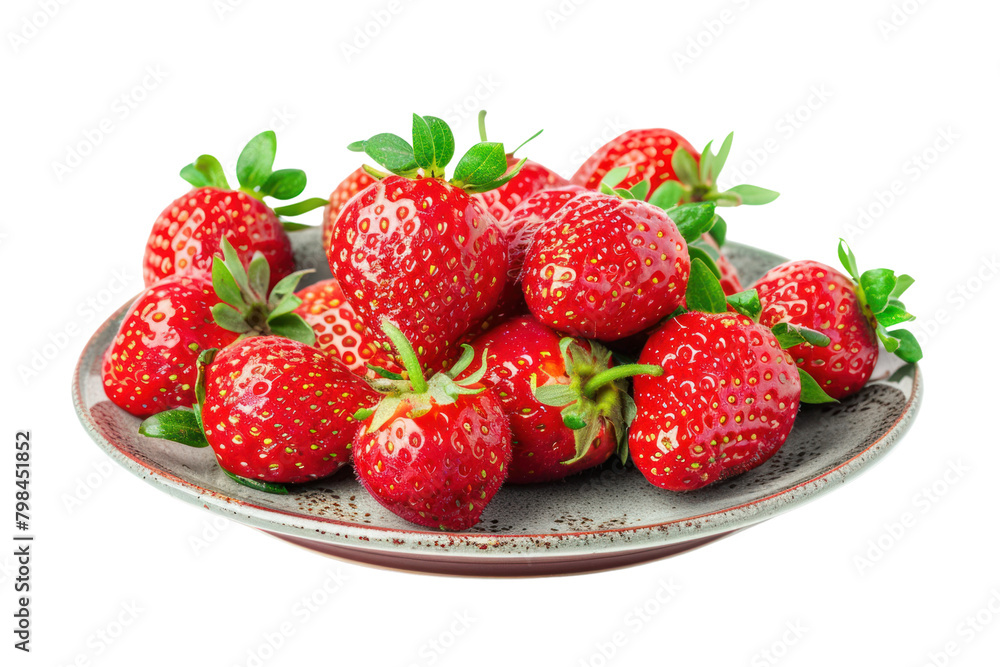 Big, bright red strawberries arranged on a plate isolated on white background. Big, bright red strawberries arranged on a plate isolated on white background.
