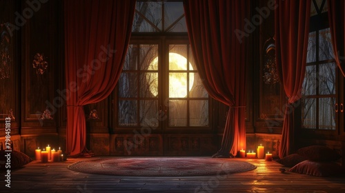 Velvet curtains frame the large windows allowing just enough moonlight to filter in and join the warm ambiance of the candles. 2d flat cartoon.