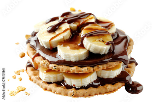 Banoffee cracker base, banana, caramel, chocolate, caramel sauce isolated on white background.