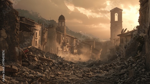 Devastating earthquake strikes historic European town, ancient buildings crumble, dust clouds the air photo