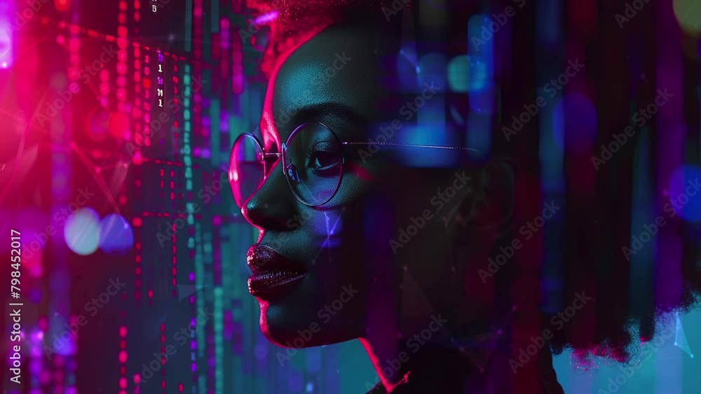 Black woman cyber security expert. With AI code illusminated overlay around her. Working in a data center. Female Computer Engineer. Background with flying patterns. Generate AI. Black woman cyber security expert. With AI code illusminated overlay around her. Working in a data center. Female Computer Engineer. Background with flying patterns. Generate AI.
