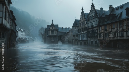 Historic European Town Devastated by Flood, Ancient Buildings Partially Submerged photo