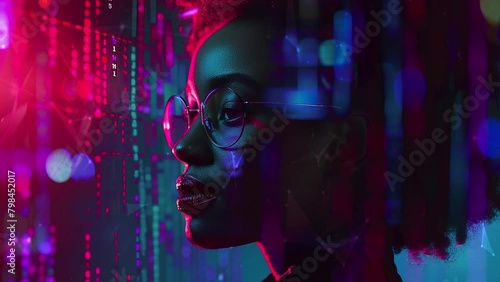Wallpaper Mural Black woman cyber security expert. With AI code illusminated overlay around her. Working in a data center. Female Computer Engineer. Background with flying patterns. Generate AI. Torontodigital.ca
