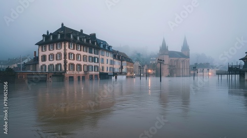 Historic European Town Devastated by Flood, Ancient Buildings Partially Submerged