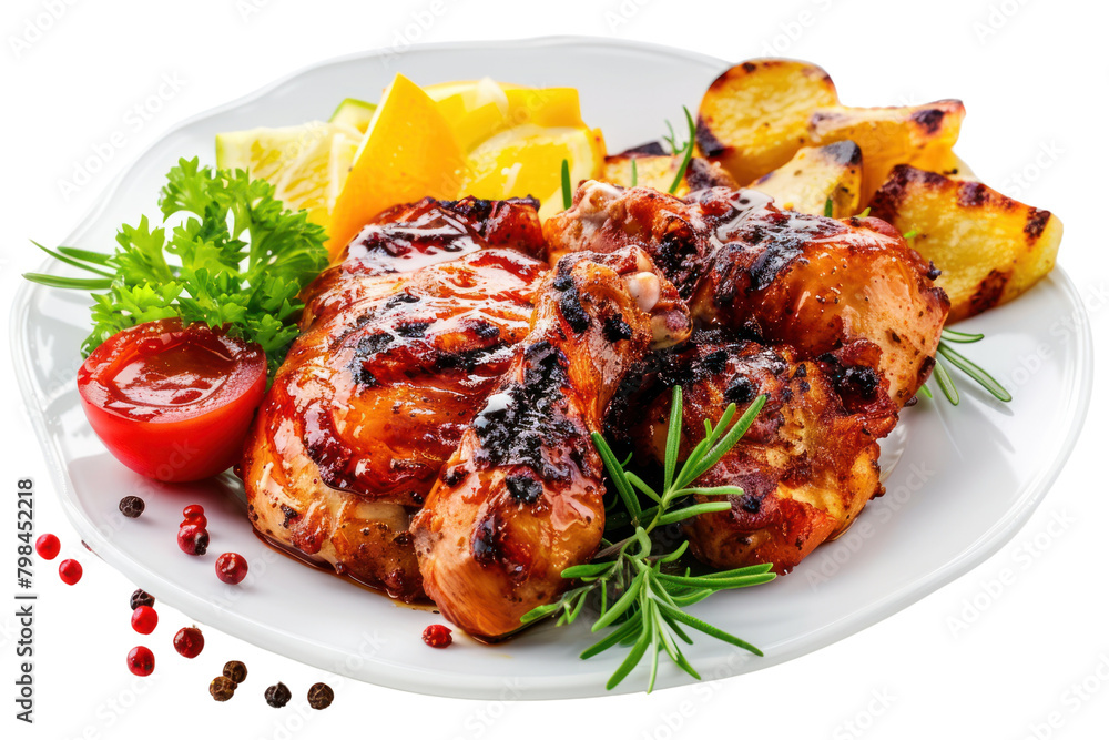 Grilled chicken with side dishes isolated on white background. Grilled chicken with side dishes isolated on white background.