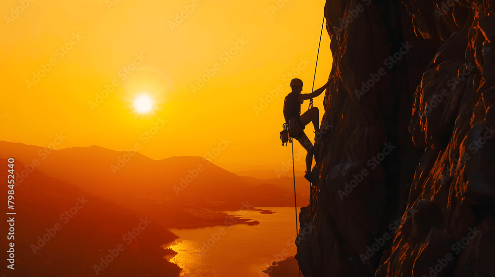 A Climber Climbing A Mountain's Cliff In Golden Hour A Climber Climbing A Mountain's Cliff In Golden Hour