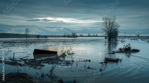 Devastating Flood During Harvest Season: Submerged Fields, Destroyed Crops, Despairing Farmers - A Dramatic Depiction photo