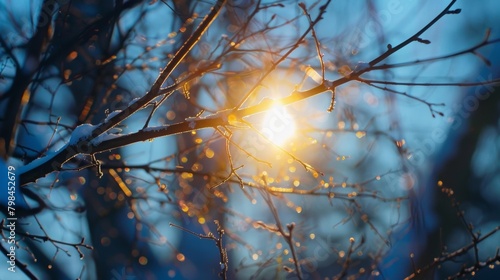 An image of the sun shining through tree branches a reminder of the absence of natural light during winter..