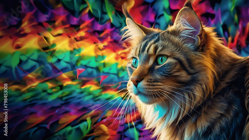 portrait of a cat with eyes Neon Mainecoon Cat Rainbow Fractal in 3D Vector  photo