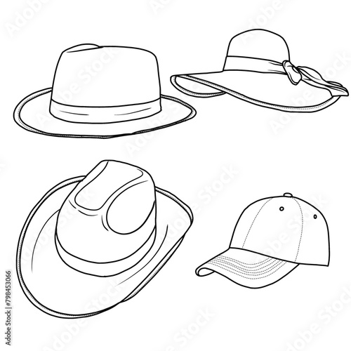 Vector various models of Hats doodle illustration hand drawn sketch line art, Containing Fedora, Baseball cap, Cowboy hat, Panama hat isolated on white, For kids coloring book. photo